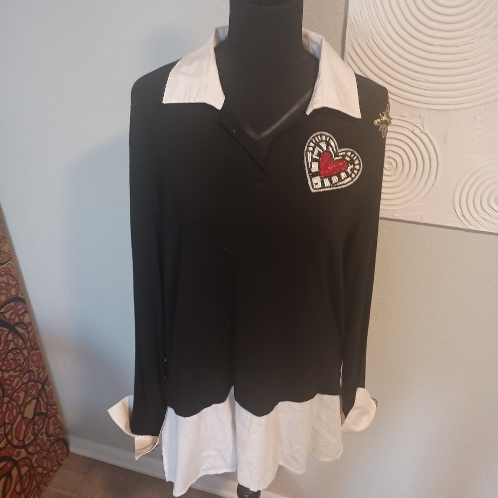 Black and White Long Sleeve Shirt with Heart Patch
